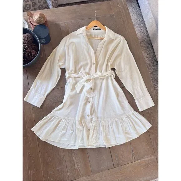 Zara Linen Blend Belted Shirt Dress in Ecru Size Medium - Picture 1 of 11